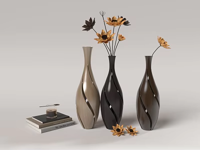 Ornamental Decor Set Featuring Spiral Design Vases Yellow Black Flowers Stacked Books And Small Decor 3d model