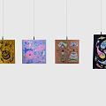Colorful Abstract Paintings With Various Patterns Hanging On White Gallery Wall 3d model