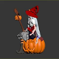 Witch With Red Hat And Black Cat Sitting On Halloween Pumpkin With Broom Staff