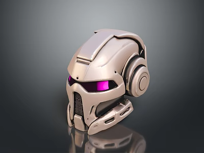 Futuristic Silver Combat Helmet With Purple Eyes 3D Model For Tactical Weapon Gear 3d model