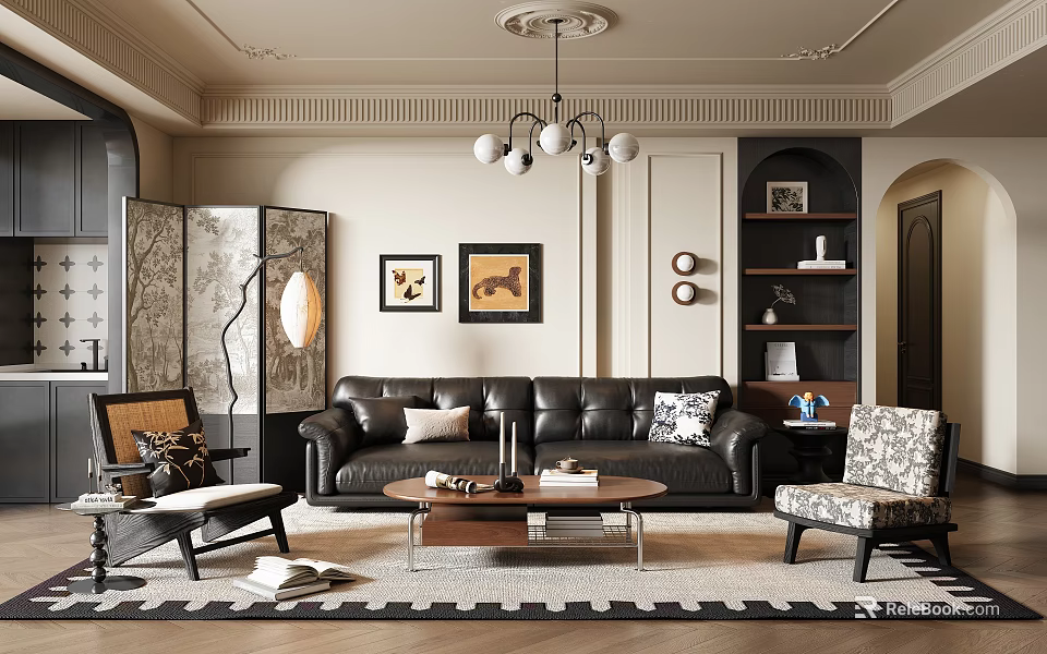 Elegant Modern Living Room Interior With Leather Sofa Coffee Table And Framed Paintings 3d model 