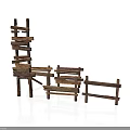 Rustic Wooden Scene Components With Fence Shelf Bench And Natural Brown Wood Structures
