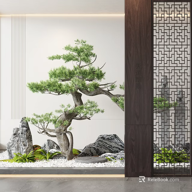 Traditional Garden Landscape With Bonsai Pine Tree Stone Decorations And Wooden Lattice Screen 3d model 