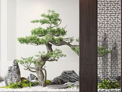 Traditional Garden Landscape With Bonsai Pine Tree Stone Decorations And Wooden Lattice Screen 3d model