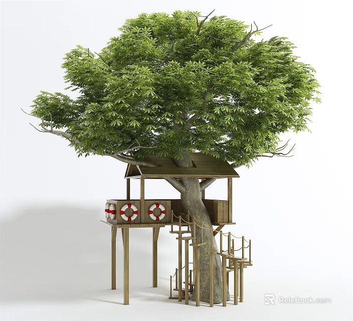 Large Tree With Wooden Tree House Staircase And Red White Lifebuoys 3d model 