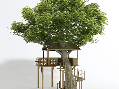 Large Tree With Wooden Tree House Staircase And Red White Lifebuoys 3d model