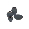 Handcrafted Dark Blue Ceramic Vessels With Rustic Orange Edges And Bowl 3d model