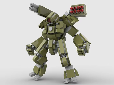 Green Building Blocks Robot Model With Cannon And Red Mechanical Details 3d model