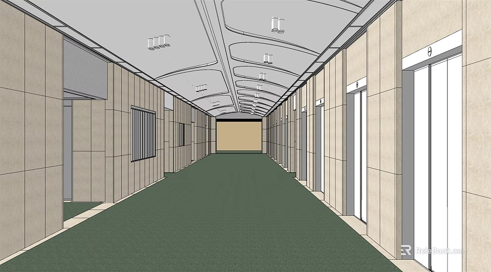 Elevator Corridor Design With Light Colored Walls Green Carpet And Ceiling Lights 3d model 