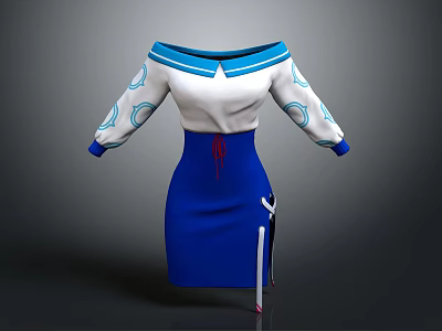 Stylish Off the Shoulder White Blue Dress With Blue Collar Cuff Patterns And Red Accents 3d model