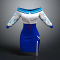 Stylish Off the Shoulder White Blue Dress With Blue Collar Cuff Patterns And Red Accents