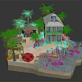 Two Story Blue White Beach House Featuring Palm Trees Sandy Beach Waterfront And Red Umbrella