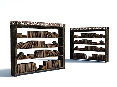 Two Carved Wooden Bookshelves Filled with Stacked Books on Multiple Shelves 3d model