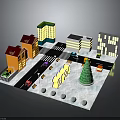 Colorful Urban Model Scene With Various Buildings Roads Vehicles Street Lamps Tree And Circular Decorations
