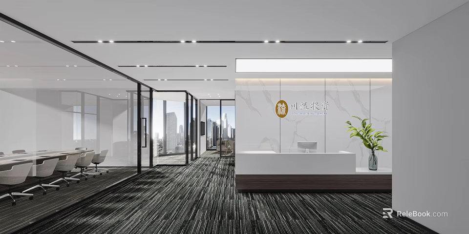 Modern Office Reception Desk With Marble Wall Company Logo Green Plant And City View 3d model 
