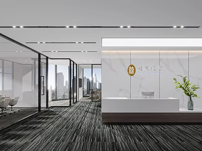 Modern Office Reception Desk With Marble Wall Company Logo Green Plant And City View 3d model