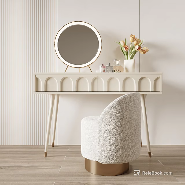 Elegant Modern Dressing Table With Round Mirror Vase Flowers Skincare Products And Cozy Chair 3d model 