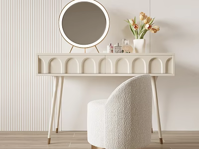 Elegant Modern Dressing Table With Round Mirror Vase Flowers Skincare Products And Cozy Chair 3d model
