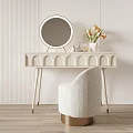 Elegant Modern Dressing Table With Round Mirror Vase Flowers Skincare Products And Cozy Chair
