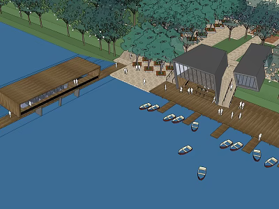 Picturesque Waterfront Marina Featuring Wooden Dock Boats Trees Shore Buildings And People 3d model