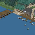 Picturesque Waterfront Marina Featuring Wooden Dock Boats Trees Shore Buildings And People
