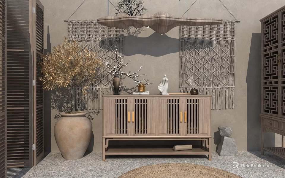 Natural Wooden Entryway Cabinet Sideboard With Lattice Doors Decorative Plants Pottery Vase And Stone Ornaments 3d model 