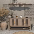 Natural Wooden Entryway Cabinet Sideboard With Lattice Doors Decorative Plants Pottery Vase And Stone Ornaments