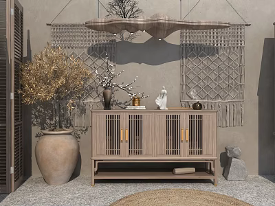 Natural Wooden Entryway Cabinet Sideboard With Lattice Doors Decorative Plants Pottery Vase And Stone Ornaments 3d model
