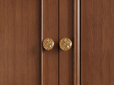 Ornate Gold Carved Cabinet Handles on Brown Wood Grain Wooden Door Surface 3d model