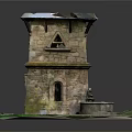 Ancient Stone Tower Structure With Arched Door Round Fountain And Green Grass Base