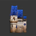 Cartoon Castle Scene With Blue Roof Tower And Decorative Flags Windows