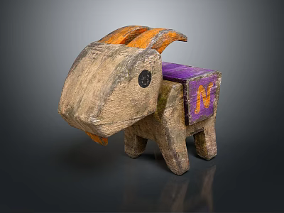 Handcrafted Decorative Wooden Furniture Carved Goat Shaped With Orange Horns Purple Section And Letter N 3d model