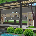 Outdoor Pergola With Bookshelves Filled With Books Stone Steps And Green Shrubs