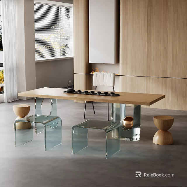 Modern Tea Table And Transparent Glass Chairs In Sleek Interior Design 3d model 