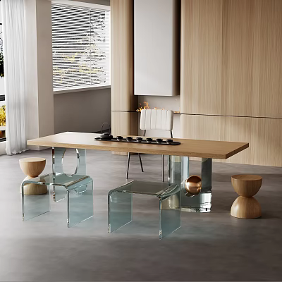 Modern Tea Table And Transparent Glass Chairs In Sleek Interior Design 3d model