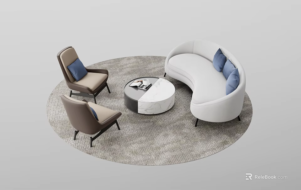 Modern Curved White Sofa Coffee Table Combination With Brown Armchairs Blue Cushions And Gray Rug 3d model 