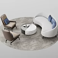 Modern Curved White Sofa Coffee Table Combination With Brown Armchairs Blue Cushions And Gray Rug