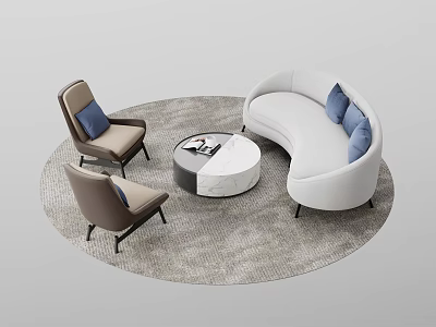 Modern Curved White Sofa Coffee Table Combination With Brown Armchairs Blue Cushions And Gray Rug 3d model