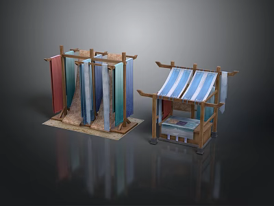 Wooden Scene Components Featuring Colorful Vertical Panels And Striped Canopy Stalls 3d model