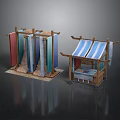 Wooden Scene Components Featuring Colorful Vertical Panels And Striped Canopy Stalls