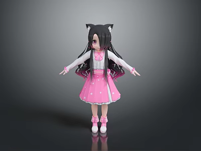 Cute Child With Long Black Hair Wearing White Top Pink Dress And Cat Ear Accessories 3d model