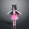 Cute Child With Long Black Hair Wearing White Top Pink Dress And Cat Ear Accessories