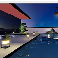 Serene Oriental Garden Landscape With Red Roof Pond Lanterns And Mountain View At Night
