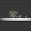 Detailed Artillery Weapon Model With Tracked Chassis Wheels Small Parts On Circular Sandy Base