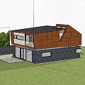 Modern Detached Villa Exterior With Wooden Facade Stone Wall Sloped Roof And Large Windows