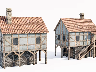 Traditional Timber Framed Houses With Red Tile Roofs Stone Walls Chimneys And Stairs 3d model
