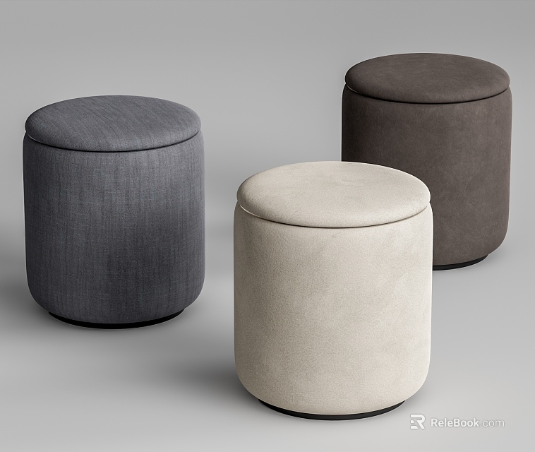 Three Round Upholstered Stools in Different Colors for Modern Home Decor 3d model 