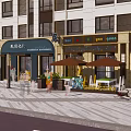 Vibrant Commercial Street with Multi Story Buildings Various Shops Pedestrians And Paved Plaza Area