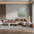 Elegant Modern Living Room Interior With Sectional Sofa Throw Pillows Area Rug And Green Painting