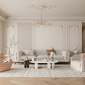 Elegant Modern Living Room Interior With White Sofa Crystal Chandelier And Patterned Rug